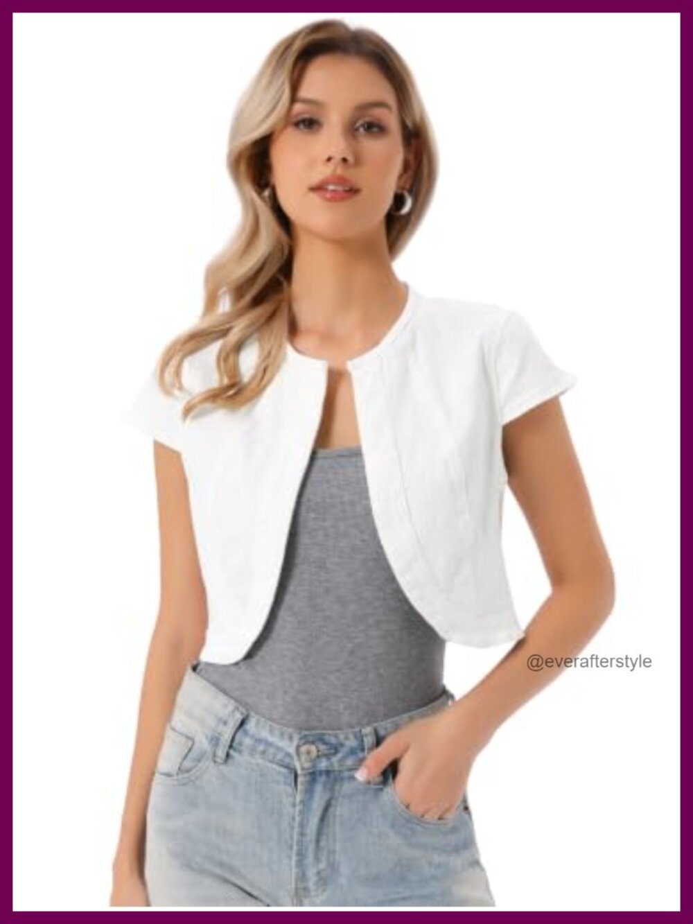 Women's Cropped Denim Jacket Short Sleeve Collarless Jean Jacket